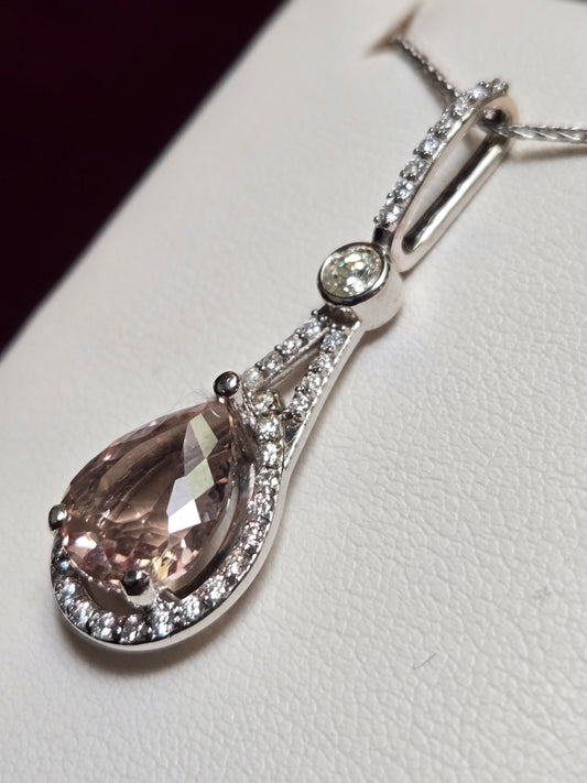 14K White Gold Pendant 3.5ct Pear-Shaped Morganite 4.5g