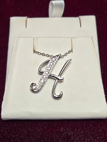 14K White Gold "H" Pendant 0.14ct Round-Cut Diamond 2.9g