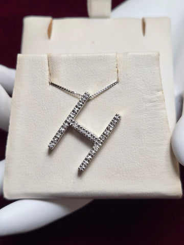 14K White Gold "H" Pendant 0.17ct Round-Cut Diamond 2.3g