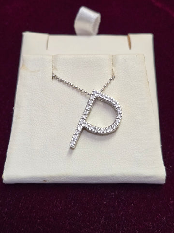 14K White Gold "P" Pendant 0.15ct Round-Cut Diamond 1.8g