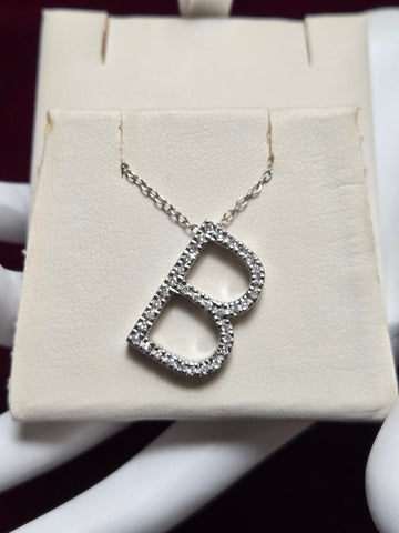 14K White Gold "B" Pendant 0.22ct Round-Cut Diamond 2.9g