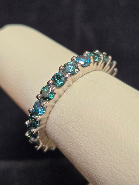 14K White Gold Eternity Ring 2.1ct Round Treated Blue Diamonds 4.1g