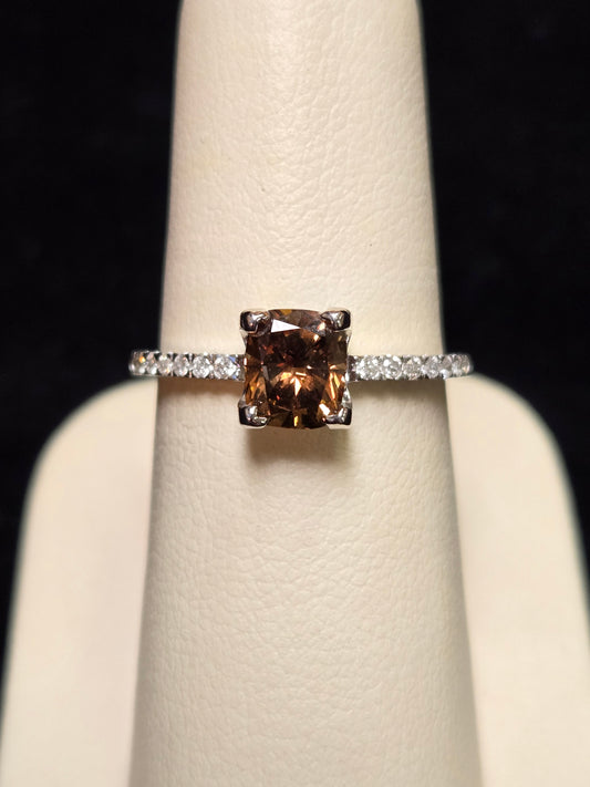 14K White Gold Ring 1.1ct Emerald-Cut Brown Diamond 2.4g