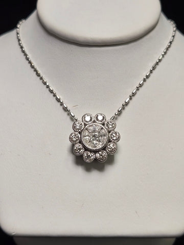 14K White Gold Bar Bead Chain Pendant Necklace 18" 1ct Princess-Cut Diamond 5.9g