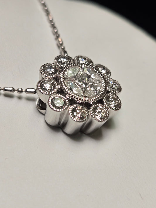 14K White Gold Bar Bead Chain Pendant Necklace 1ct Princess-Cut Diamonds 5.9g