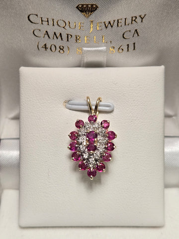 14K Gold Cluster Pendant 1ct Round-Cut Ruby 3.6g