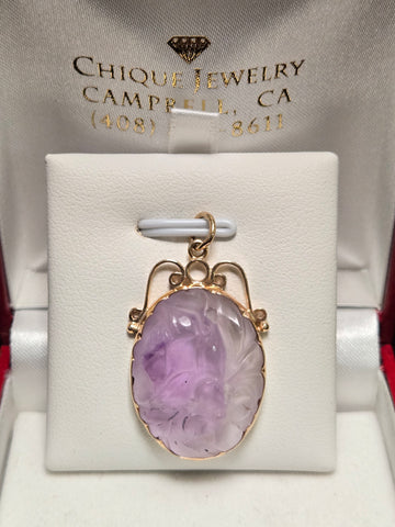 14K Gold Pendant Oval-Cut Floral Engraved Amethyst 5.6g