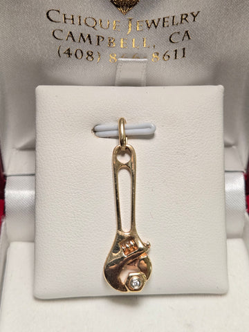 14K Gold Wrench Pendant 0.01ct Round-Cut Diamond 3.7g