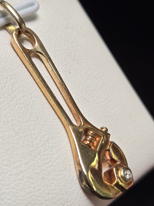 14K Gold Wrench Pendant 0.01ct Round Diamond 3.7g