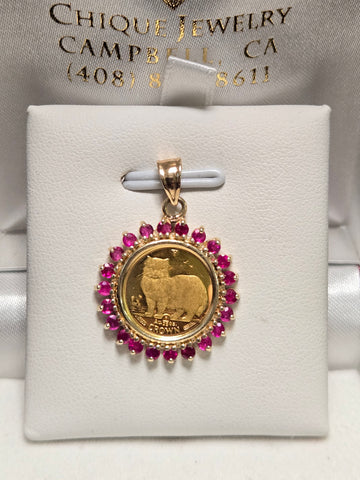 14K Gold Crown Manx Cat Coin Pendant 1.2ct Round-Cut Ruby 3.8g