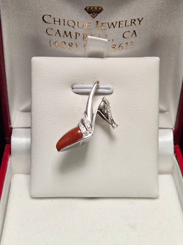 14K White Gold Shoe Pendant Carnelian 3.8g