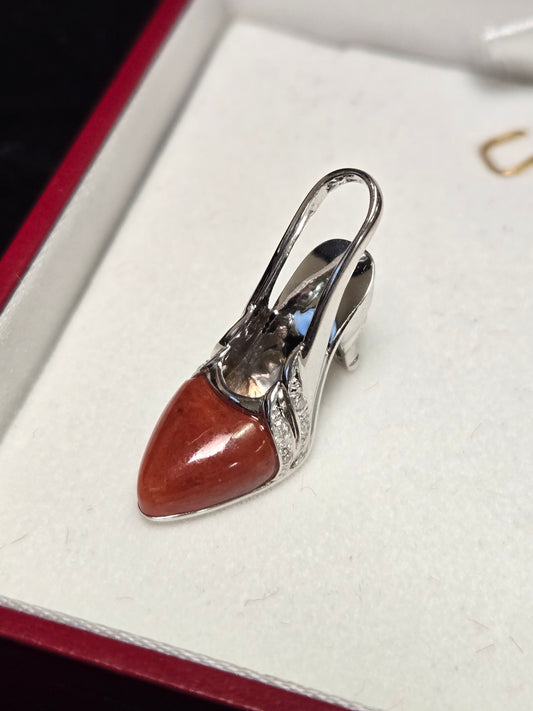 14K White Gold Shoe Pendant Carnelian 3.8g