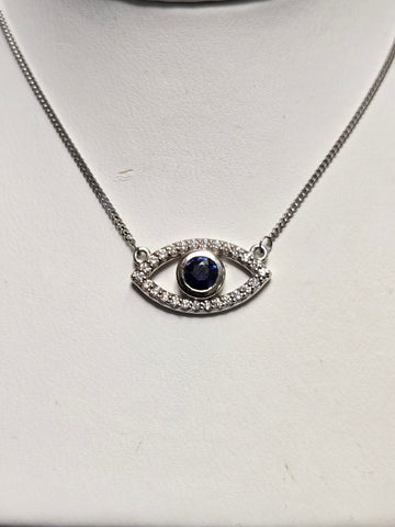14K White Gold Curb Chain Pendant Necklace 16" 0.22ct Round-Cut Sapphire 2.3g