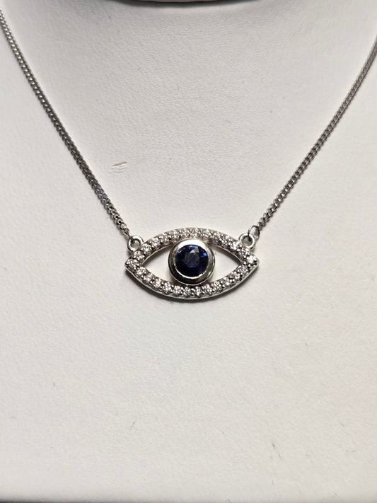 14K White Gold Curb Chain Pendant Necklace 16" 0.22ct Round Sapphire 2.3g