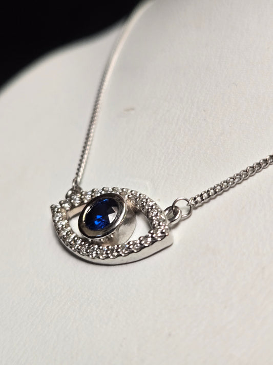14K White Gold Curb Chain Pendant Necklace 16" 0.22ct Round Sapphire 2.3g