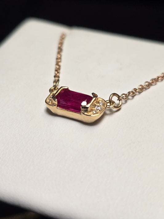 14K Gold Cable Chain Pendant Necklace 16" 0.55ct Emerald-Cut Ruby 2g
