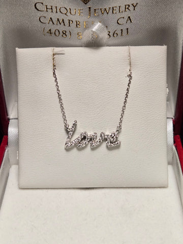 14K White Gold Cable Chain Love Pendant Necklace 0.3ct Round-Cut Diamond 2.2g