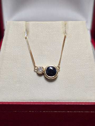 14K Gold Diamond Cut Curb Chain Pendant Necklace 0.65ct Blue Sapphire 2.3g