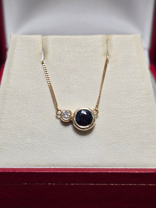 14K Gold Diamond Cut Curb Chain Pendant Necklace 0.65ct Round Blue Sapphire 2.3g
