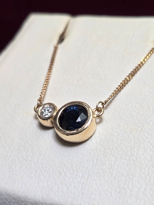14K Gold Diamond Cut Curb Chain Pendant Necklace 0.65ct Round Blue Sapphire 2.3g