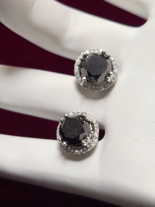 14K White Gold Filigree Stud Earrings 3.39ct Round Black Diamond 3.1g