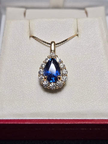 14K Gold Pendant 2.03ct Pear-Cut Blue Sapphire 3.2g