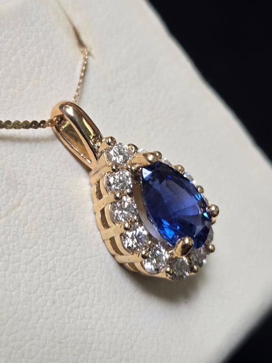 14K Gold Pendant 2.03ct Pear-Shaped Blue Sapphire 3.2g