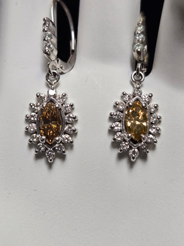 14K White Gold Jacket Earrings 1.04ct Marquise-Cut Brown Diamond Lever Back 4.3g