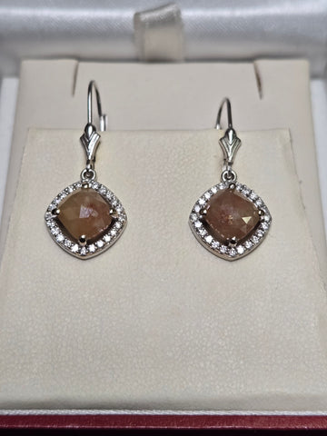 14K White Gold Stud Earrings 2.48ct Rose-Cut Peach Diamond Lever Back 3.9g