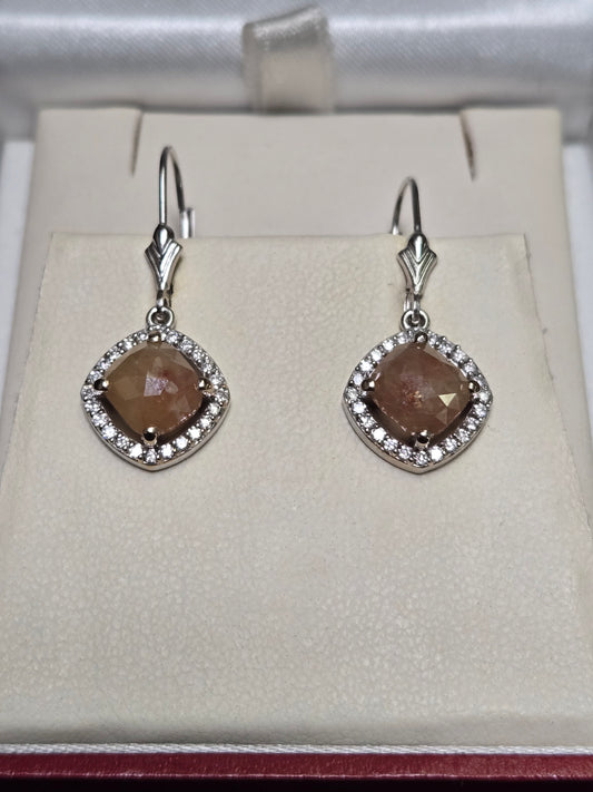 14K White Gold Stud Earrings 2.48ct Rose-Cut Peach Diamond 3.9g