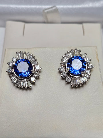 14K White Gold Stud Earrings 4ct Fused Sapphire with 1.4ct Diamond 11.1g