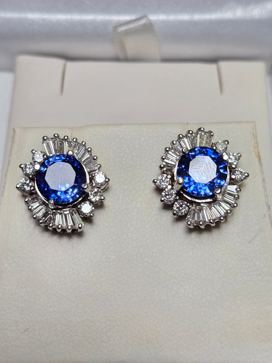 14K White Gold Stud Earrings 4ct Round Fused Sapphire 11.1g