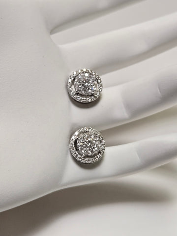 18K White Gold Cluster Stud Earrings 0.8ct Round-Cut Diamond Push Back 2.4g