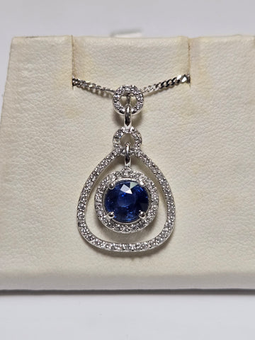14K White Gold Diamond Cut Curb Chain Pendant Necklace 1.32ct Blue Sapphire 4.5g