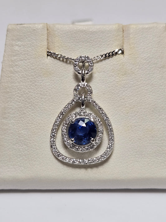 14K White Gold Diamond Cut Curb Chain Pendant Necklace 1.32ct Blue Sapphire 4.5g
