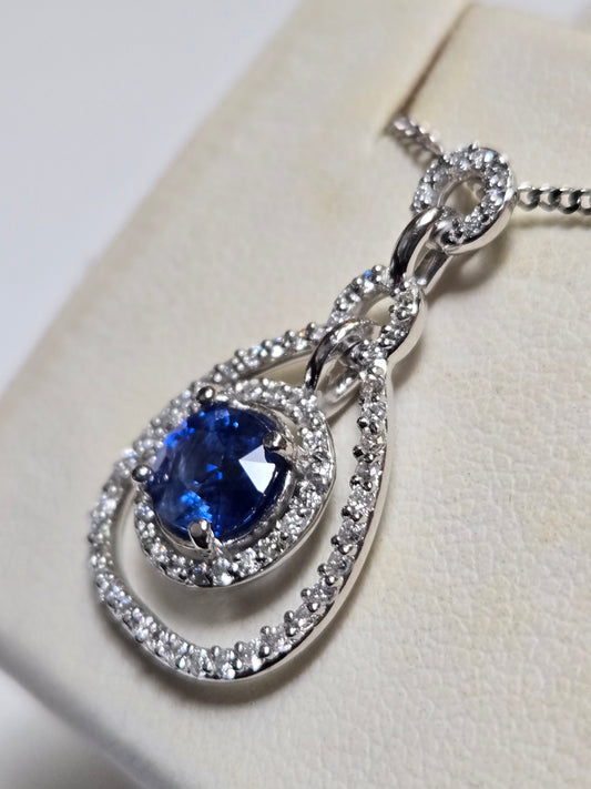 14K White Gold Diamond Cut Curb Chain Pendant Necklace 1.32ct Blue Sapphire 4.5g