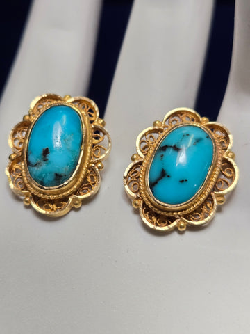 18K Gold Filigree Stud Earrings Oval-Cut Turquoise Push Back 6.3g