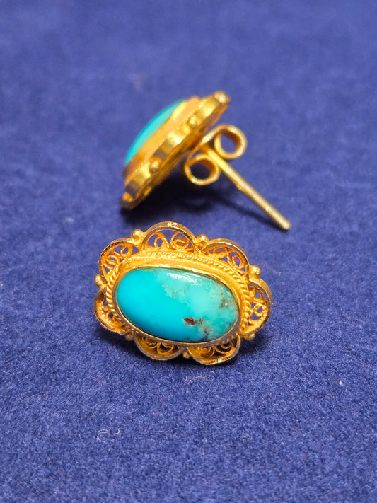 18K Gold Filigree Stud Earrings Oval Turquoise 6.3g