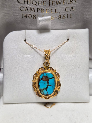 18K Gold Filigree Pendant Oval-Cut Turquoise 3.6g