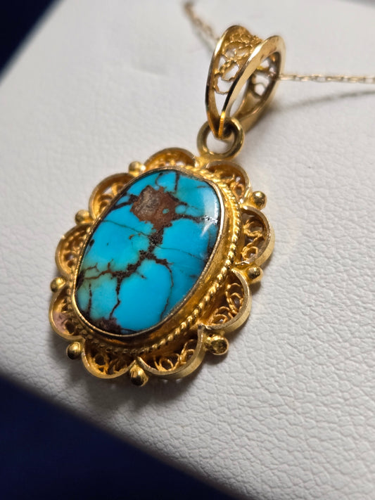 18K Gold Filigree Pendant Oval Turquoise 3.6g