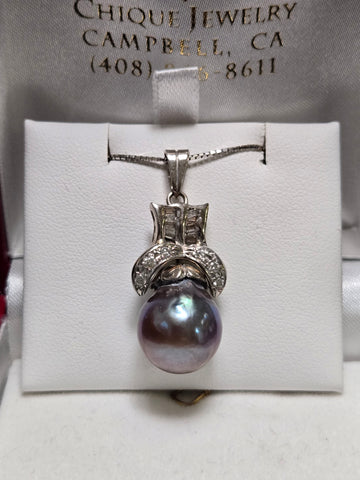 14K White Gold Pendant Round-Cut Peacock Pearl 6g