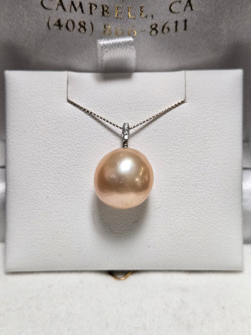 14K White Gold Pendant Round-Cut Peach Pearl 2.6g