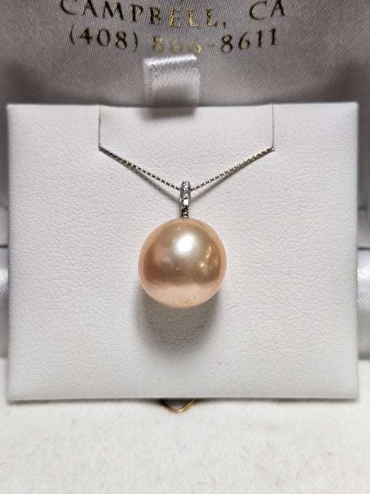 14K White Gold Pendant Round peach Pearl 2.6g