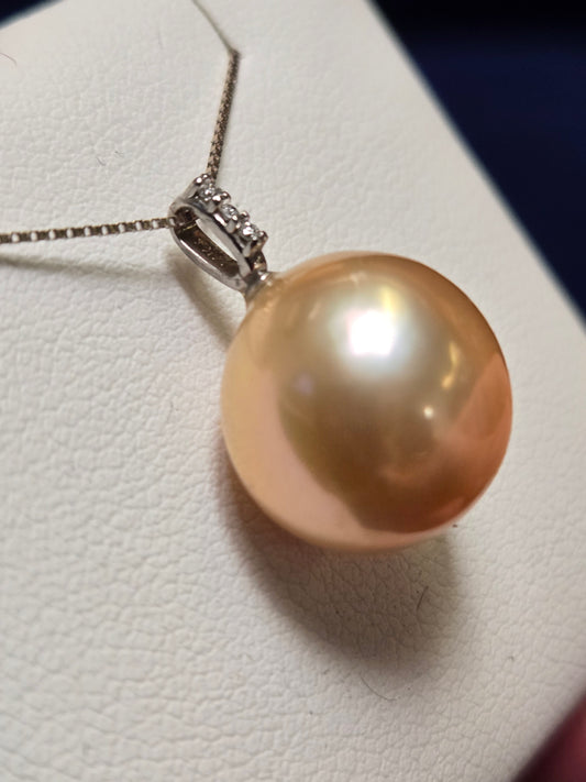 14K White Gold Pendant Round peach Pearl 2.6g