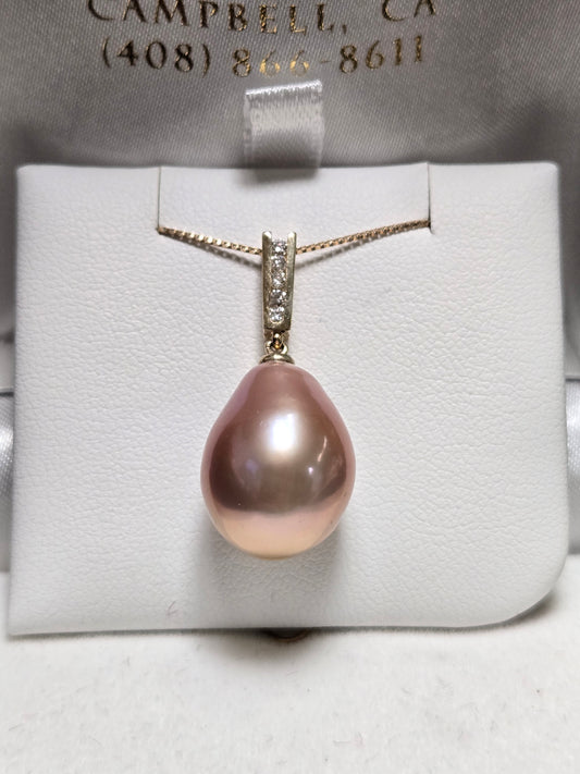 14K Gold Pendant Round peach Pearl 4.7g