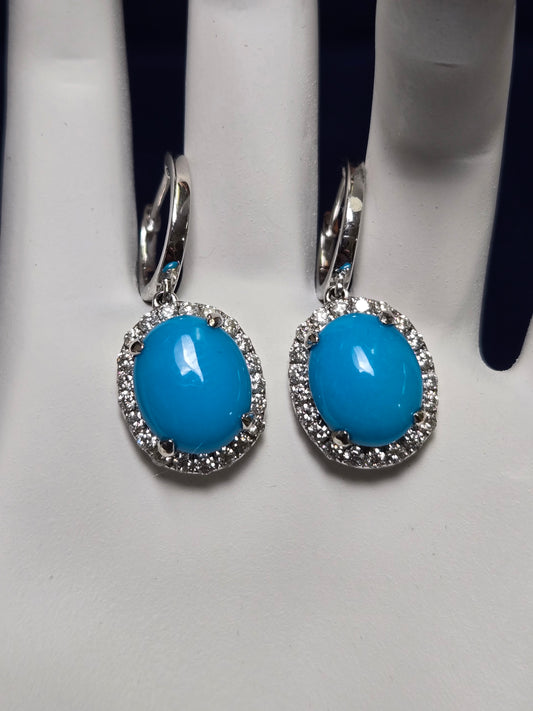 14K White Gold Drop Earrings 4.3ct Oval Turquoise 6.1g