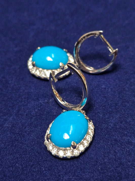 14K White Gold Drop Earrings 4.3ct Oval Turquoise 6.1g
