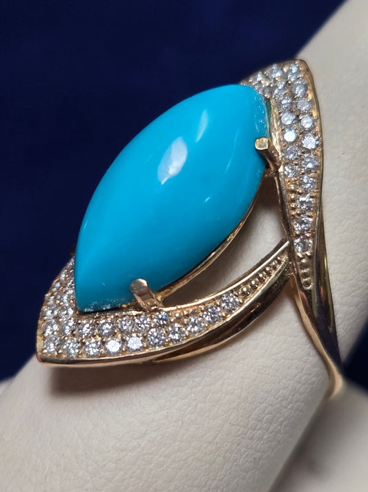 14K Gold Ring Marquise Sleeping Beauty Turquoise 5.8g