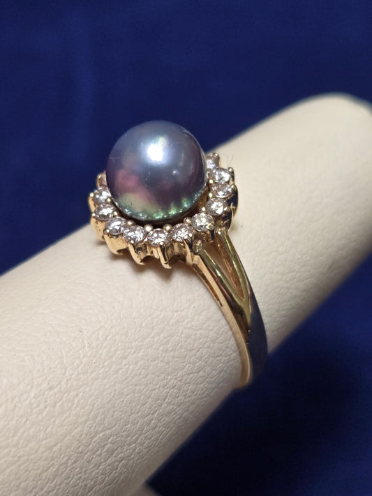 14K Gold Ring Round-Cut Peacock Pearl 2.8g