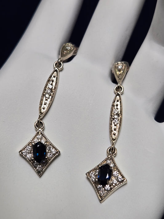 14K Gold Dangle/Drop Earrings 0.7ct Oval-Cut Blue Sapphire Push Back 3.4g